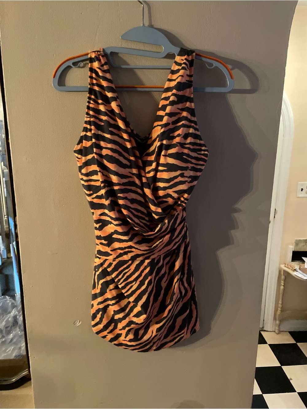 Denim & Co. beach orange and black tiger stripe one piece bathing suit